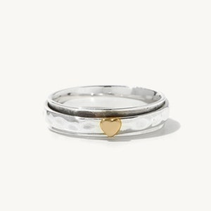 Sandria Heart Spinner Ring - 925 Sterling Silver and 14K Yellow Gold Mixed Metal Swivel Heart Spinner Ring Anxiety Mediation Ring