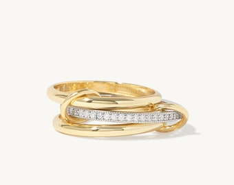 Bellanca Diamond Connected Stacker Gold Linked Spinner Ring, Handgemaakt 925 Sterling Zilver en 14K Geel Goud Handgemaakte Spinner Ring