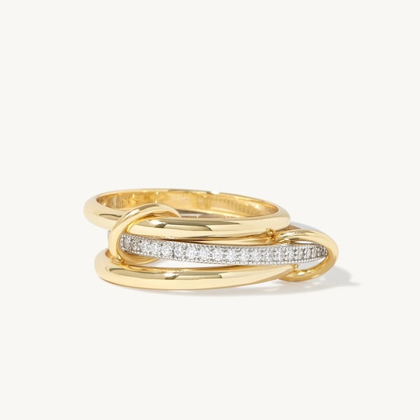 Bellanca Diamond Connected Stacker Gold Linked Spinner Ring, handgefertigter Spinnerring aus 925er Sterlingsilber und 14 Karat Gelbgold