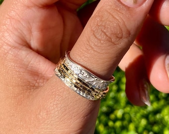 Fait à la main et hypoallergénique en argent sterling 925 et or jaune 14 carats, anneau rotatif d&#39;anxiété en métal mélangé, anneau de méditation bicolore