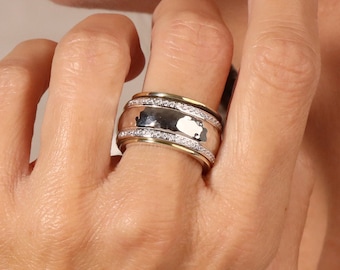 Bella Spinner Ring - Handmade 925 Sterling Silver and 14K Yellow Gold Handmade Spinner Ring Fidget Ring Mediation Spinner Ring Stress Ring