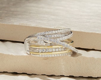 Handmade 925 Sterling Silver and 14K Yellow Gold Mixed Metal Highway Ring Two Tone Hypoallergenic Interwoven Ring Cross CZ Ring Layered Ring