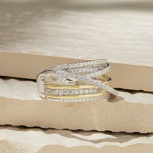 Handmade 925 Sterling Silver and 14K Yellow Gold Mixed Metal Highway Ring Two Tone Hypoallergenic Interwoven Ring Cross CZ Ring Layered Ring