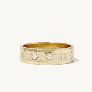 Handmade Hammered Minimal Band Ring Made of 14K Yellow Gold set with Cubic Zirconia Gemstones