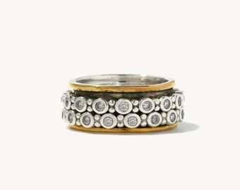 Jelia Spinner Ring - 925 Sterling Silver and 14K Yellow Gold Mixed Metal Swivel Spinner Ring Anxiety Mediation Ring Cubic Zirconia