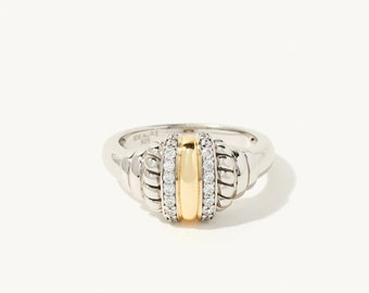 Handmade 925 Sterling Silver and 14K Yellow Gold Mixed Metal Gemstone Ring Two Tone Hypoallergenic Unique Ring with Cubic Zirconia Gemstones