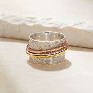 Alviva Spinner Ring - Handmade 925 Sterling Silver, Rose Gold, and Yellow Gold Handmade Anxiety Ring Worry Ring Mediation Spinner Ring