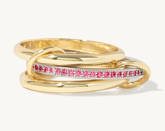 14K Gold Filed Ruby Red Multi Link Connected Ring, Chunky Gold Connector Ring, Two Tone Ring Set, Eternity Statement Ring, Interlocking Ring
