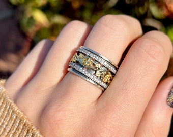 Handmade, Unique, & Hypoallergenic 925 Sterling Silver and 14K Yellow Gold Mixed Metal Anxiety Floral Spinner Ring Two Tone Meditation Ring