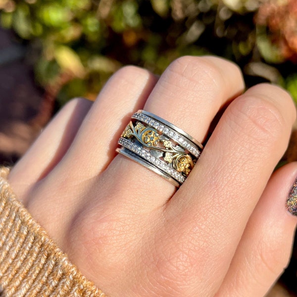 Handmade, Unique, & Hypoallergenic 925 Sterling Silver and 14K Yellow Gold Mixed Metal Anxiety Floral Spinner Ring Two Tone Meditation Ring