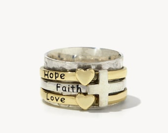 Anillo giratorio Geonna Cross - Anillo de meditación para la ansiedad en plata de ley 925 y oro amarillo de 14 quilates. Esperanza, fe y amor.