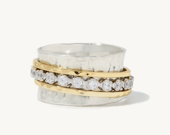 Aria Spinner Ring - Handmade 925 Sterling Silver and 14K Yellow Gold Handmade Anxiety Spinner Ring