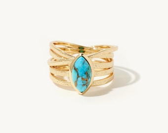 Unique Turquoise Ring, Gold Band, Natural Turqoise Stone Ring, Golden Ring, Statement Ring, Gift For Her, Turquoise Highway Ring