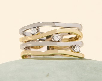 Handmade 925 Sterling Silver and 14K Yellow Gold Mixed Metal Gemstone Ring Two Tone Hypoallergenic Ring Featuring Cubic Zirconia Gemstones