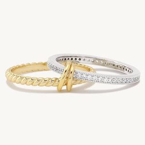 14k Yellow Gold Dual Band Multi Link Connector Ring, Gold and Silver Roped Band Interlocking Ring, Gold Ring Set, Statement Ring Stack