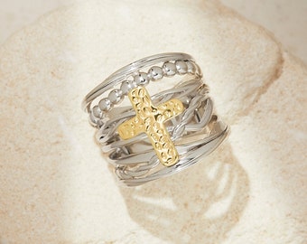 Handgemachter Silber Ring Gold Christlicher Ring Religiöser Ring für Frauen Kreuz Schmuck Religiöser Glaube Schmuck Sinnvolles Geschenk für Sie