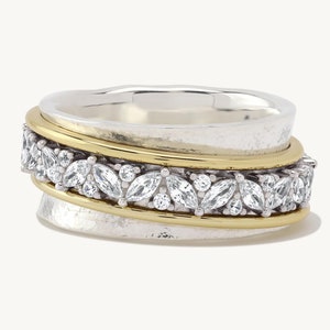 Cluster Spinner Ring, 14k Yellow Gold, 925 Sterling Silver, Mixed Metal Anxiety Ring, High Quality Meditation Ring, Diamond Fidget Ring