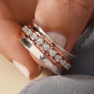 Designer Spinner Ring, 925 Sterling Silver and 14K Rose Gold Handmade Spinner Ring, Bohemian Ring, Anxiety Ring, Fidget Ring, Ring For Women