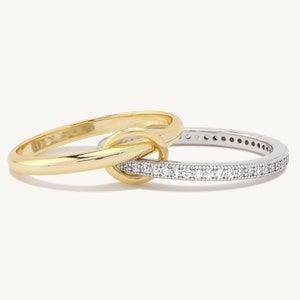 14k Yellow Gold Dual Band Connector Ring, Multi Link Interlocking Ring, Gold and Sterling Silver Stack Ring Set,  Eternity Statement Ring