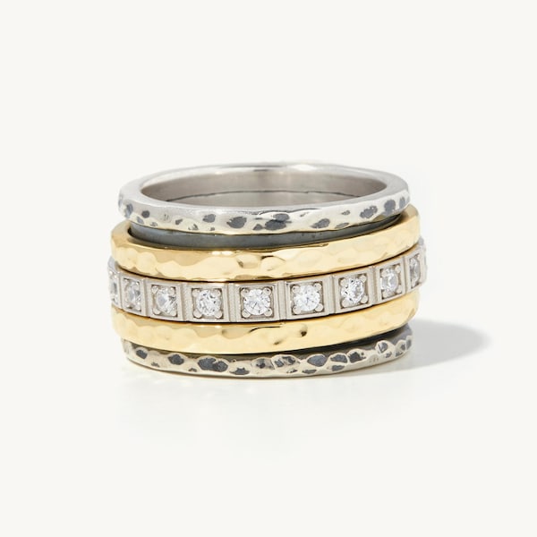 Romina Spinner Ring - Handmade 925 Sterling Silver and 14K Yellow Gold Hammered Anxiety Spinner Ring