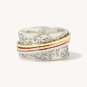 Alviva Spinner Ring - 925 Sterling Silver and 14K Yellow Gold and Rose Gold Spinner Anxiety Ring