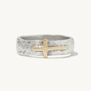 Rayna Cross Ring - Handmade 925 Sterling Silver and 14K Yellow Gold Hammered Christian Cross Ring