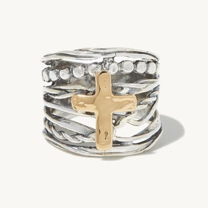 Abby Cross Faith Ring, Handmade, 925 Sterling Silver, 14K Yellow Gold, Christian Cross Ring Cross Jewelry Statement Ring Christian Ring