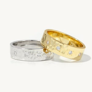 Handmade and Hammered Ring in Your Choice of 925 Sterling Silver or 14K Yellow Gold set with Cubic Zirconia Gemstones