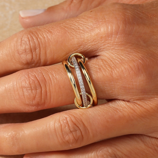 14K geelgouden multi-link verbonden ring, dikke gouden verbindingsring, gouden ringset, Eternity-instructiering, in elkaar grijpende zilveren ring