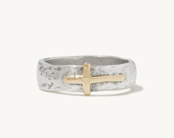 Rayna Cross Ring - Handmade 925 Sterling Silver and 14K Yellow Gold Hammered Christian Cross Ring