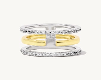Lotte Ring - 925 Sterling Silver 14K Yellow Gold Multi Stone, Mixed Metal Two Tone Ring, Wide Jewelry, Rings For Women