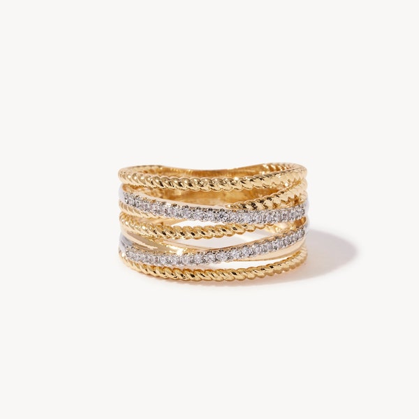 Daniella Gemstone Ring - Handmade 14K Yellow Gold Highway Ring Crossover Ring Perfect Anniversary Gift, Birthday Gift, Classic Ring