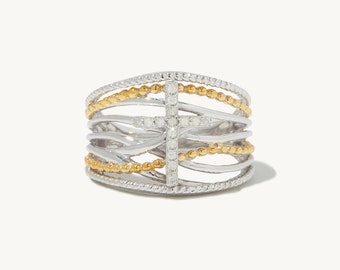 Danica Cross Ring - Handmade 925 Sterling Silver and 14K Yellow Gold Handmade Gemstone Ring Featuring Cubic Zirconia Gemstones.