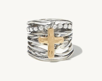 Anillo de fe cruzada de Abby, hecho a mano, plata de ley 925, oro amarillo de 14 quilates, anillo de cruz cristiana, anillo de declaración de joyería cruzada, anillo cristiano