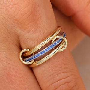 14K Yellow Gold & Sapphire Multi Link Connected Ring, Chunky Gold Connector Ring, Gold Ring Set, Eternity Statement Ring, Interlocking Ring