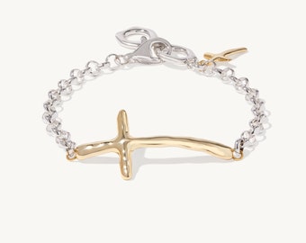 Beyonca Cross Bracelet - Handmade 925 Sterling Silver and 14K Yellow Gold Cross Charm Bracelet