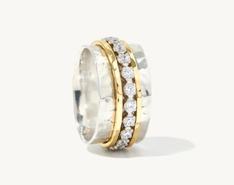 Aria Spinner Ring - Handmade 925 Sterling Silver and 14K Yellow Gold Handmade Spinner Ring, Anxiety Ring, Fidget Ring, Rings For Women