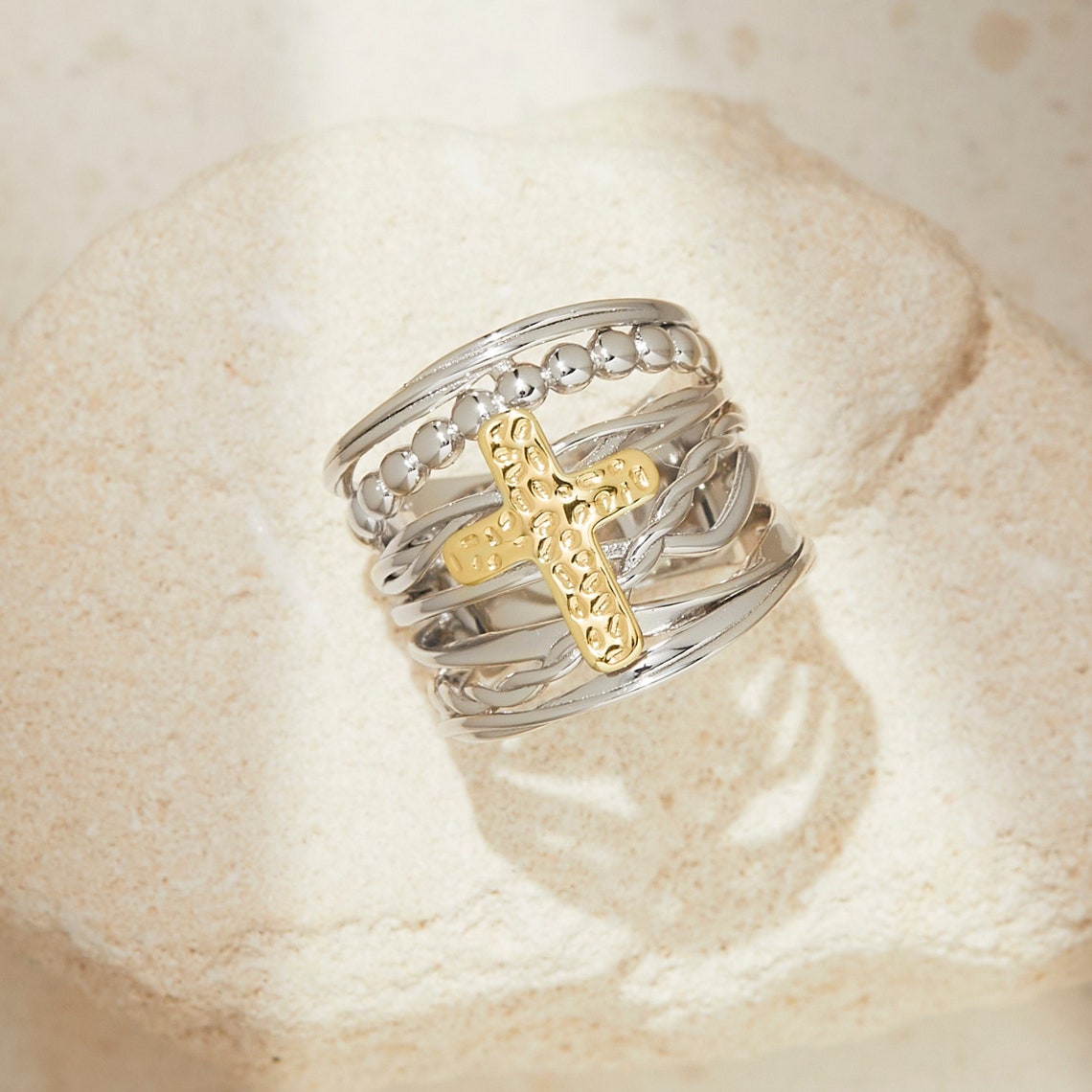 Abby Cross Faith Ring, Handmade, 925 Sterling Silver, 14K Yellow Gold ...