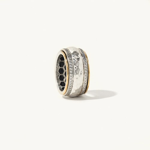 Bague spinner de luxe faite main pour femme en argent sterling 925 martelé, or jaune 14 carats et pierres précieuses pour un cadeau parfait