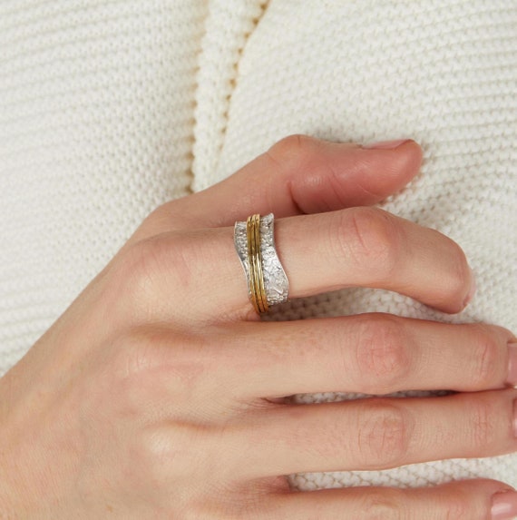 Mixed Metal Spinner Ring, 925 Sterling Silver 14K Yellow Gold Two Tone Fidget Ring, Hypoallergenic Meditation Ring For Women, Art Deco Ring
