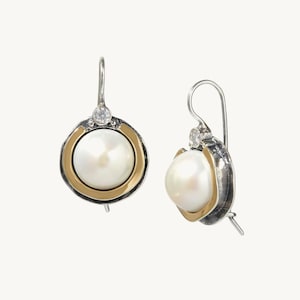 Nerola Pearl & CZ Earrings - Handmade 925 Sterling Silver and 14K Yellow Gold Statement Earrings Perfect Mother's Day Gift Unique Earrings