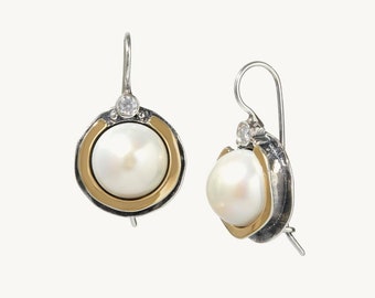 Nerola Pearl & CZ Earrings - Handmade 925 Sterling Silver and 14K Yellow Gold Statement Earrings Perfect Mother's Day Gift Unique Earrings