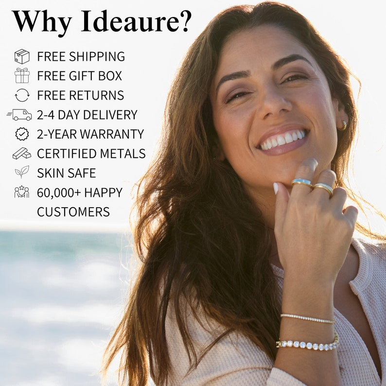 May include: A woman smiles while wearing a gold bracelet and two gold rings. The text "Why Ideaure?" is at the top of the image. Below the text is a list of benefits, including free shipping, free gift box, free returns, 2-4 day delivery, 2-year warranty, certified metals, skin safe, and 60,000+ happy customers.