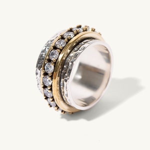 Handmade 925 Sterling Silver and 14K Yellow Gold Mixed Metal Gemstone Ring Two Tone Hypoallergenic Ring Featuring Cubic Zirconia Gemstones