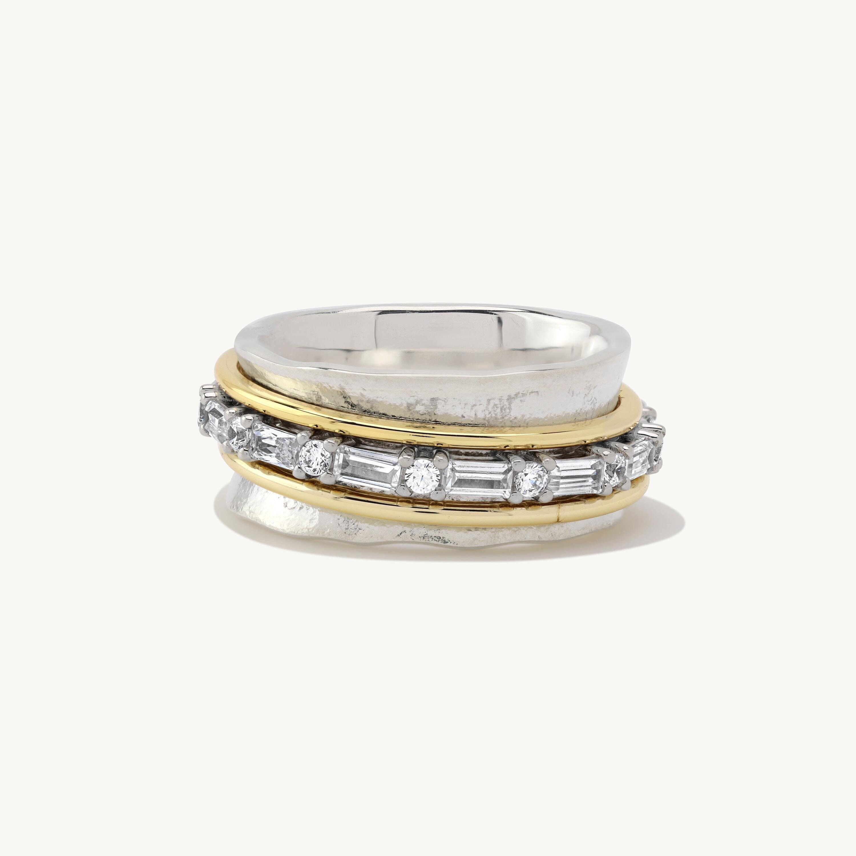 14k Yellow Gold, 925 Sterling Silver Baguette Spinner Ring, Mixed Metal Anxiety Ring, High Quality Meditation Ring, Diamond Fidget Ring