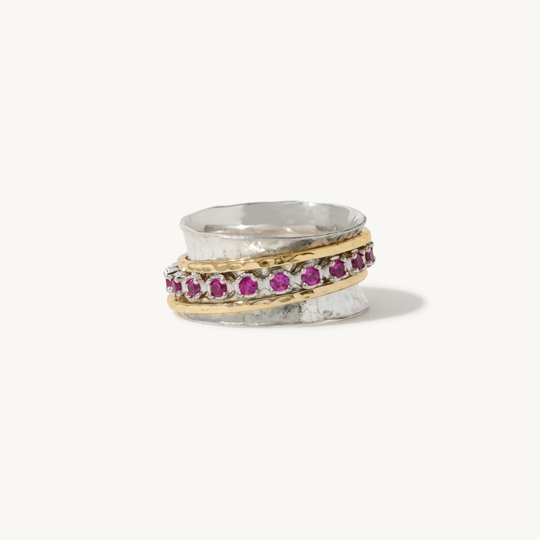 Rubymotion Spinner Rings Ruby Birthstone Spinner Ring, Handmade 925 Sterling Silver and 14K ...