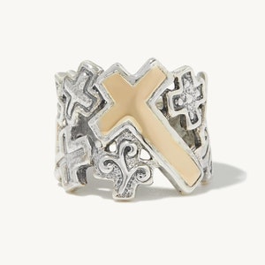 Mary Cross Ring - Handmade 925 Sterling Silver and 14K Yellow Gold Hammered Christian Cross Ring