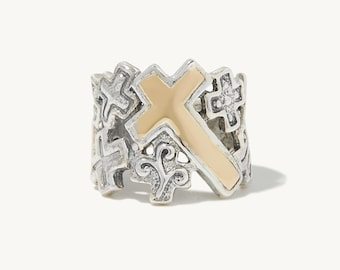 Mary Cross Ring - Handmade 925 Sterling Silver and 14K Yellow Gold Hammered Christian Cross Ring