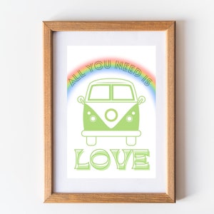 All You Need Is Love Wall Print, Hippy Decor, Volkswagen, Digital Download Print, Wall Decor, Printable Art, Downloadable Prints, Retro Art