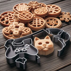 May include: A set of cookie cutters in the shape of a video game controller, a cat face, and a world map. The cutters are made of metal and have a silver finish. There are also several cookies in the image, which have been cut out using the cutters.